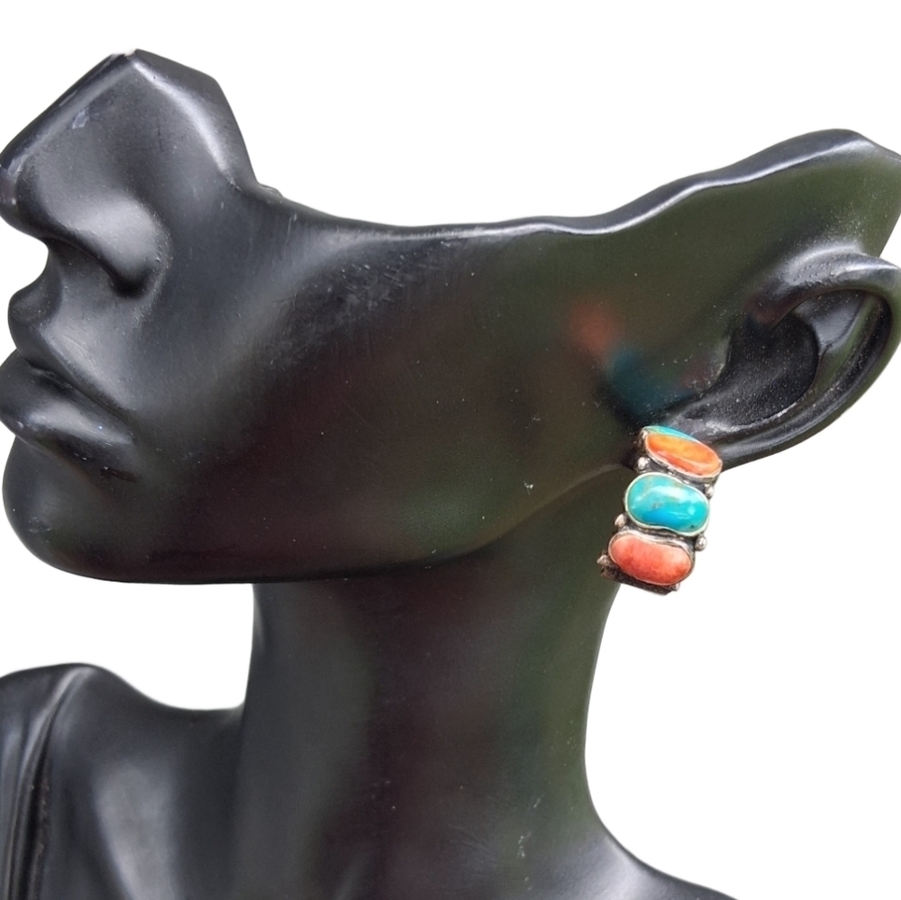 VINTAGE NAVAJO STERLING SILVER & TURQUOISE WIDE HUGGIE HOOP STYLE EARRINGS